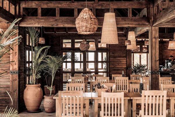 Innenbereich des Cook's Club El Gouna Restaurants mit Holzmöbeln und Pflanzen.