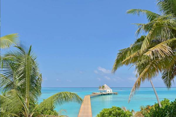 Tropischer Strand mit Palmen und Wasser am Kandima Maldives Hotel