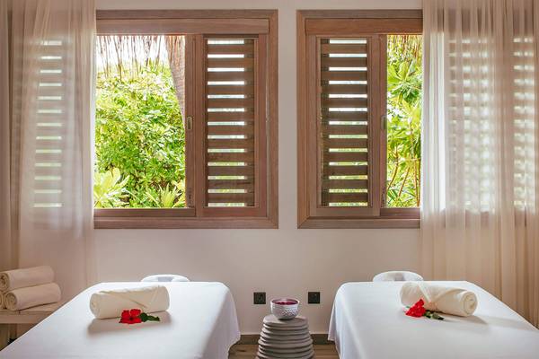 Spa-Behandlungsraum mit zwei Betten und Fenstern, die zu einem Garten führen