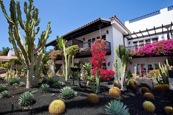 Außenansicht des Seaside Grand Hotel Residencia mit Kakteen und Blumen vor dem Gebäude