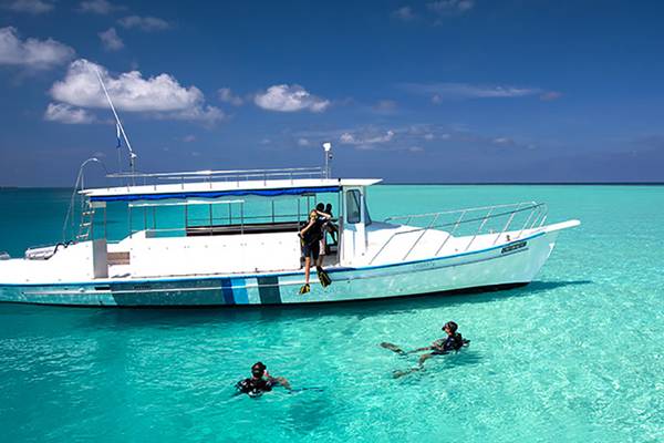 Scuba Taucher vor dem Velassaru Maldives Hotel im kristallklaren Wasser.