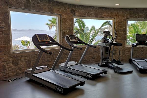 Fitnessstudio im Saint John Hotel mit vier Laufbändern und Fenstern mit Meerblick.