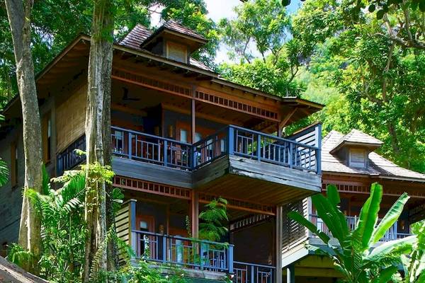 Das Hilton Seychelles Northolme Resort & Spa befindet sich inmitten eines Waldes mit vielen Bäumen und Pflanzen.