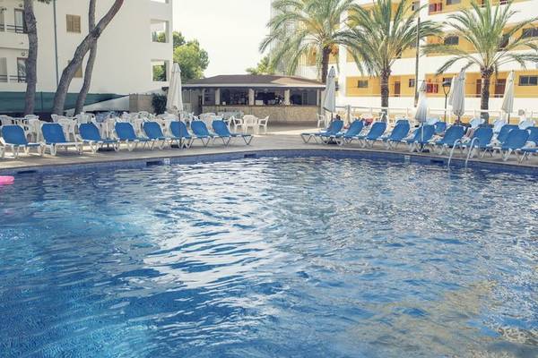 Ein Schwimmbecken mit blauen Liegen und Palmen, Hotel Moon Dreams Coral Beach im Hintergrund.