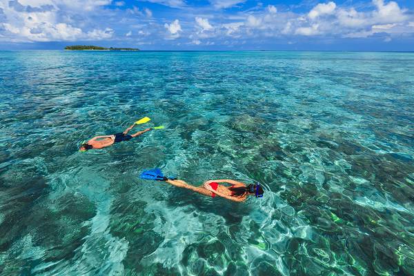Zwei Menschen tauchen im kristallklaren Wasser des Kurumba Maldives