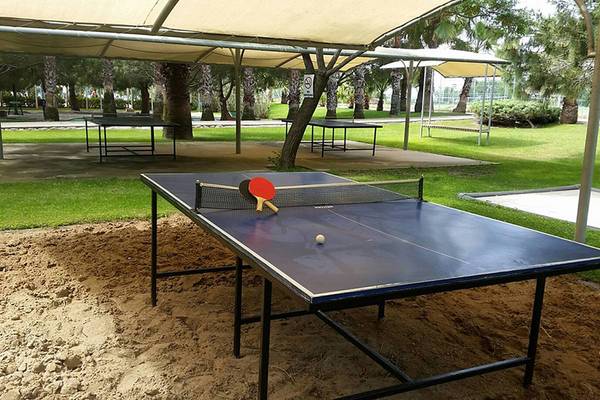 Eine Tischtennisplatte auf Sand mit einem Ball, der bereit zum Spielen ist.