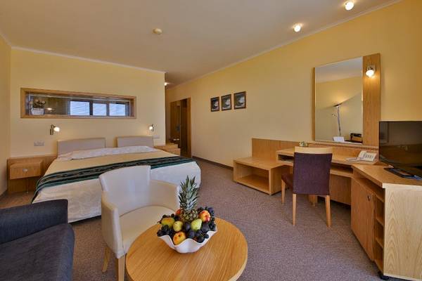 Doppelzimmer im Kaliakra Beach Hotel mit Bett, Schreibtisch, Fernseher und Obstteller.