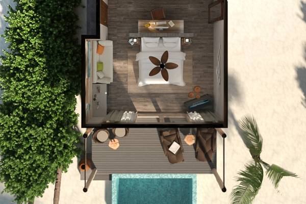 Draufsicht auf die Villa You & Me Maldives mit Pool, Schlafzimmer und Wohnzimmer.