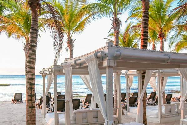 Strandbetten im Sandos Caracol Eco Resort neben Palmen und mit Blick auf das Meer.