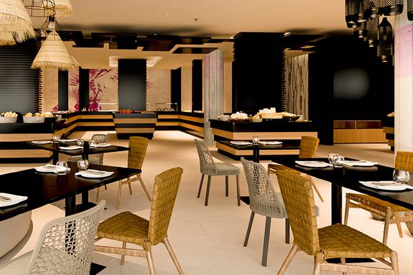 Innenansicht des Restaurants im Faro, a Lopesan Collection Hotel mit modernen Möbeln und Tischdecken.