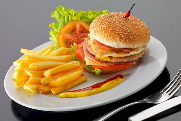 Ein weißer Teller mit einem Burger, Pommes Frites, Tomatenscheibe, Salat und Ketchup.