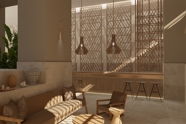 Innenarchitektur des Akasha Beach Hotel mit modernen Möbeln, warmen Lampen und geometrischen Mustern.