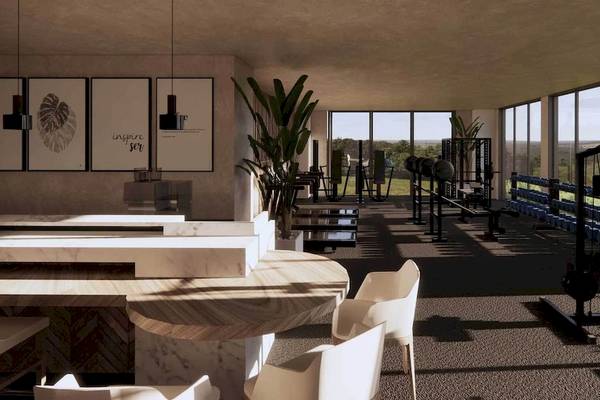 Fitness Center von Liu Resorts mit Innenarchitektur, Geräten und Panoramafenstern.