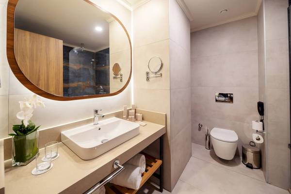 Badezimmer von Liu Resorts mit einem ovalen Spiegel, Waschbecken, Toilette und Toilettenpapierhalter.