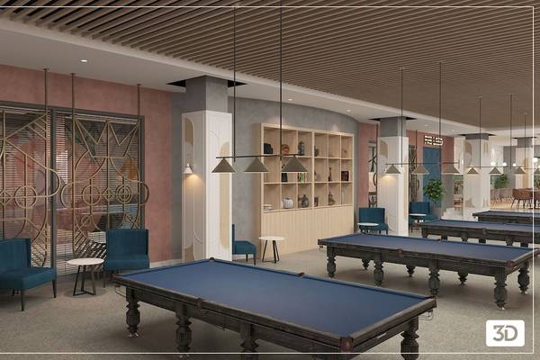 Illustration der Poolhalle im Fame Residence Kemer & Spa mit Billiardtischen, Sesseln und Pflanzen.