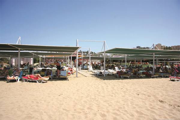 Foto von der Strandseite des Side Alegria Hotel & Spa mit vielen Sonnenliegen und Gästen.
