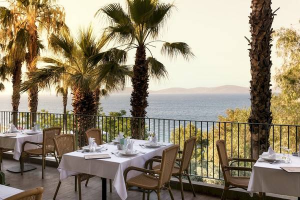 Restaurantterrasse im Hotel Duja Bodrum mit Blick auf das Meer und Palmen