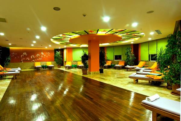 Wellnessbereich im Vita Silva Hotel mit Holzboden, Loungeliegen und Pflanzen.