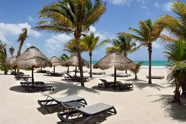 Strandszene des Catalonia Playa Maroma Hotels mit Sonnenliegen und Palmen.