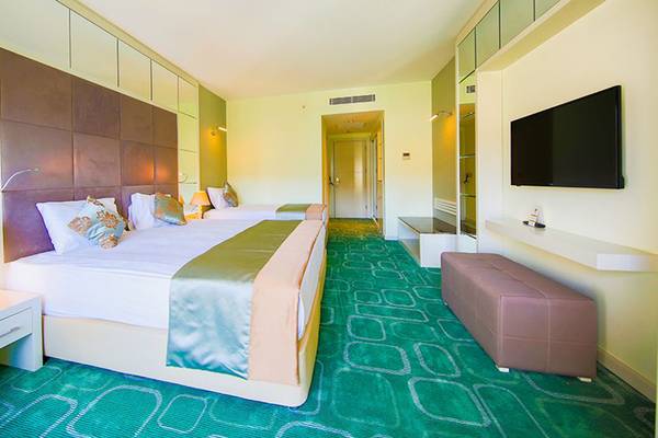 Hotelzimmer im Horus Paradise Luxury Resort mit zwei Betten, grünem Teppich und Fernseher an der Wand.