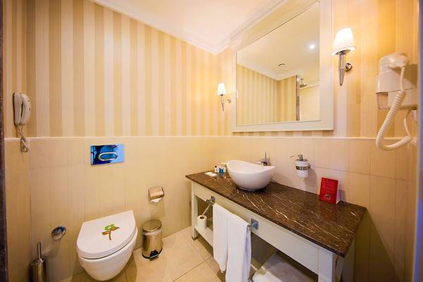Badezimmer im Horus Paradise Luxury Resort mit Toilette, Waschbecken und Spiegel.