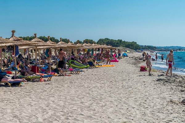 Strand des Sandy Beach Hotels auf Kos mit vielen Sonnenschirmen und Liegen.