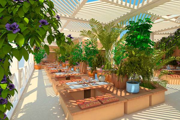 3D-Rendering der Terrasse des Grand Palace Hotels mit grünen Pflanzen und Tischen.