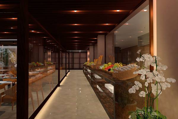 Innenansicht des Grand Palace Hotels mit Buffet, Tischen und Stühlen.
