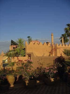 Terrasse des Riad Ifoulki Hotels mit Blumen, Mauer und Aussicht auf eine Stadt.