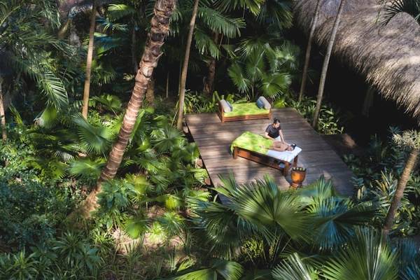 Luftaufnahme des tropischen Gartens mit zwei Behandelbänken im Freien der Anantara Maia Seychelles Villas