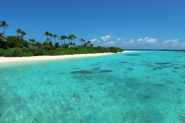 Strand des Amari Havodda Hotels auf den Malediven mit kristallklarem Wasser und weißem Sand.