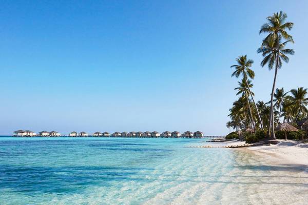 Strand des Amari Havodda Maldives mit Wasservillen und Palmen