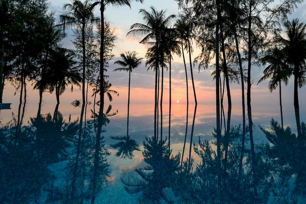 Sonnenuntergang am Infinity-Pool des Haven Khao Lak Hotels mit reflektierten Palmen und Himmel.