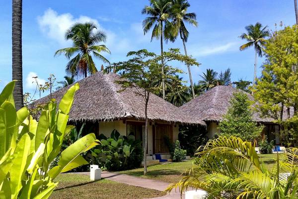 Tropische Reetdachhäuser im Bangsak Village Resort, umgeben von Palmen und Pflanzen.