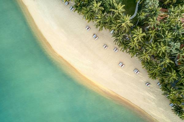 Luftaufnahme des Santiburi Koh Samui Strandes mit weißen Sonnenliegen und Palmen