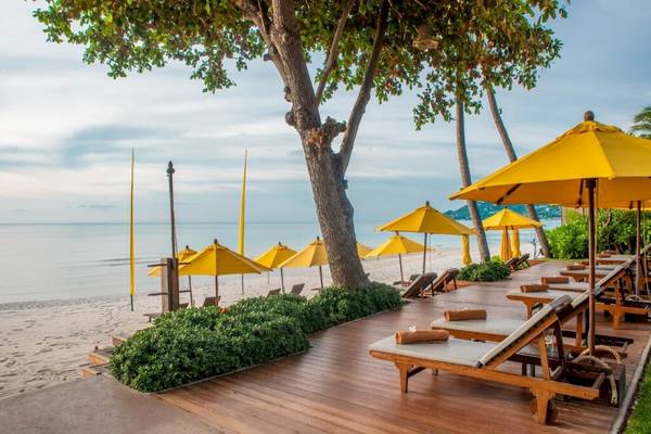 Sonnenliegen unter gelben Sonnenschirmen am Strand des Buri Rasa Village Samui