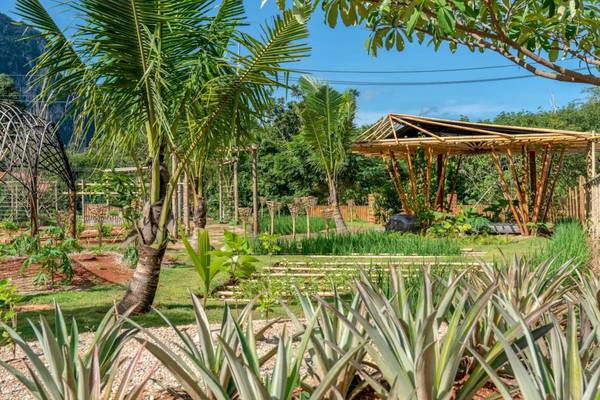 Garten im Anana Ecological Resort Krabi mit Bambusgebäude und vielen Pflanzen