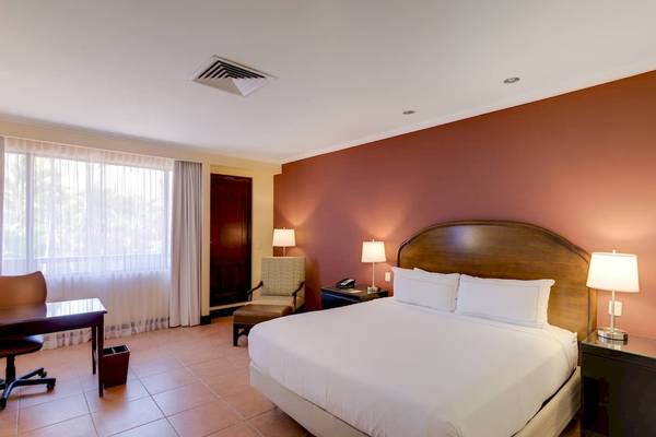 Doppelzimmer im DoubleTree by Hilton Hotel Cariari San Jose mit Bett, Schreibtisch und Fenstern.