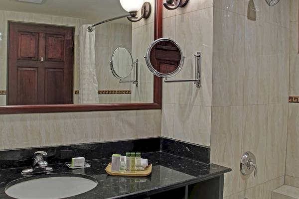 Badezimmer im DoubleTree by Hilton Hotel Cariari San Jose mit Spiegel und Waschbecken.