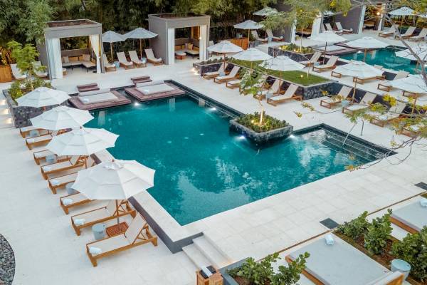 Luftaufnahme des Poolbereichs des El Mangroove, Autograph Collection Hotels mit Loungestühlen und Sonnenschirmen.