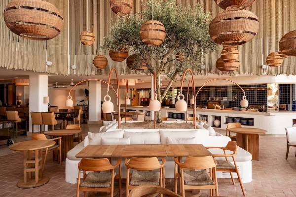 Innenbereich des Zel Mallorca Hotels mit einer zentralen Olivenbaum, Holztischen und Stühlen.