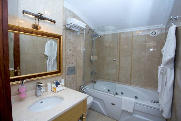 Badezimmer im Arden City Hotel mit Badewanne, Dusche, Spiegel und Handtüchern.