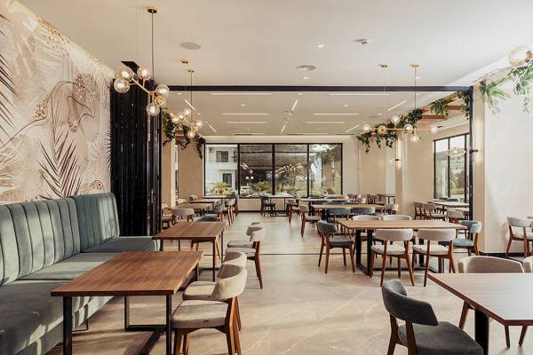 Innenbereich des Delight Hotels mit Tisch, Stühlen und Pflanzendekoration.