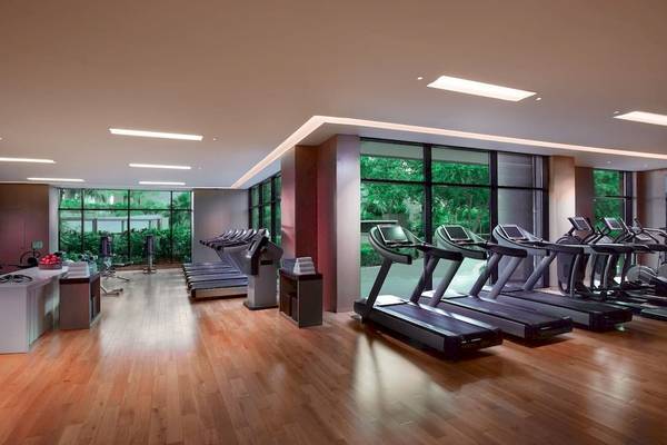 Fitnesscenter im Grand Hyatt Dubai mit modernen Laufbändern und Ausblick auf die Außenlandschaft.