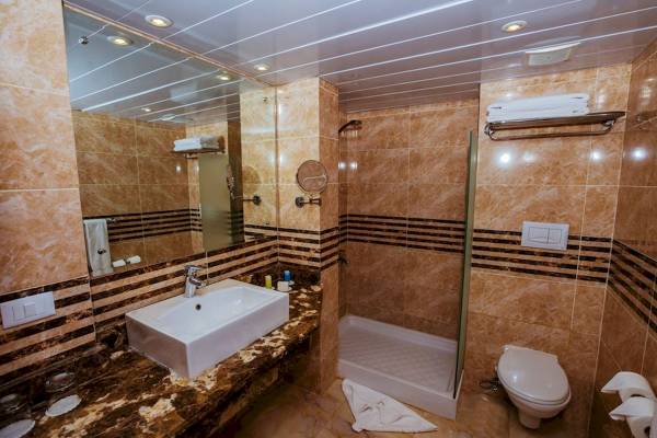 Badezimmer im Golden Beach Resort mit Dusche, Toilette, Waschbecken und Spiegel.