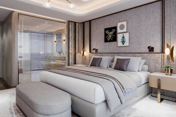 Schlafzimmer im Gloria Serenity Resort mit moderner Einrichtung, einem großen Bett und Nachttischen.