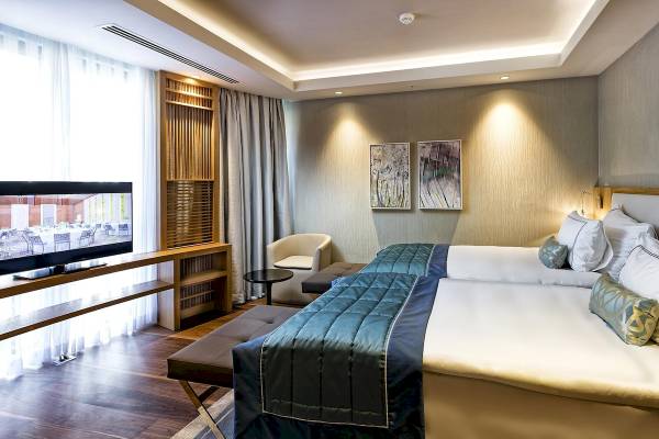 Hotelzimmer mit Fernseher, zwei Betten, Stühlen und Dekor an der Wand.