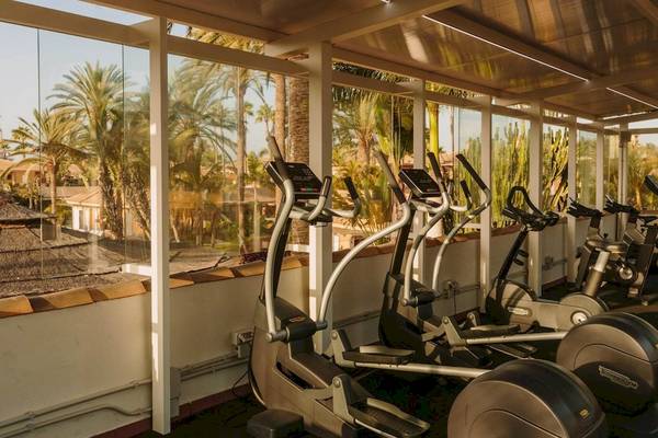 Fitness-Center im Hotel Suites & Villas By Dunas mit Blick auf Palmen und eine traditionelle Hütte.