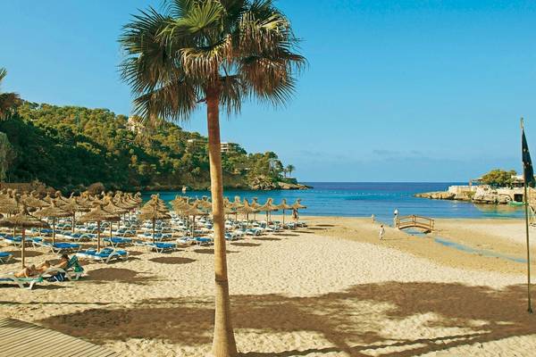 Strand des H10 Blue Mar Boutique Hotels mit Sonnenliegen und Palmen
