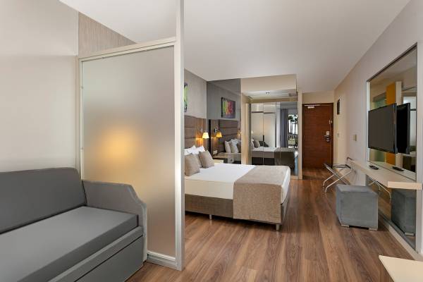 Hotelzimmer im Monachus Family Resort Sorgun mit Bett, Sofa und Fernseher.